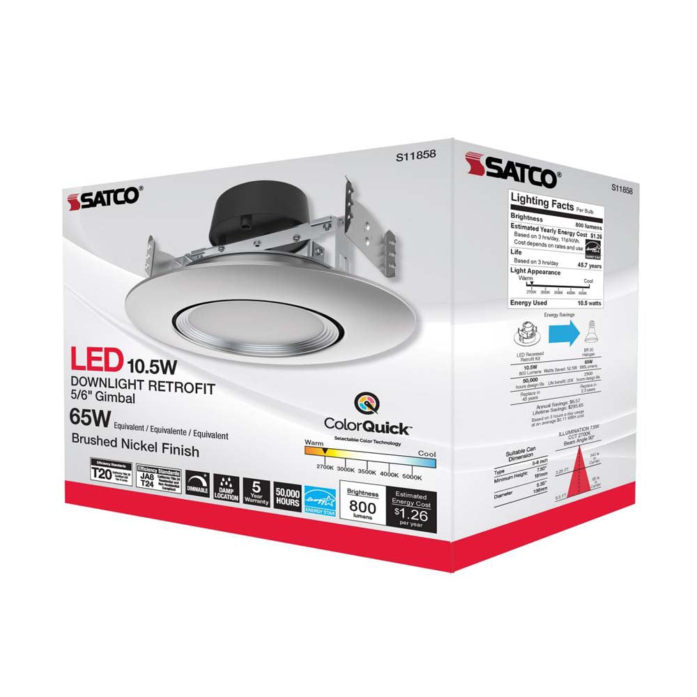 10.5w LED Direct Wire Downlight 120v CCT Tunable Brushed Nickel Finish