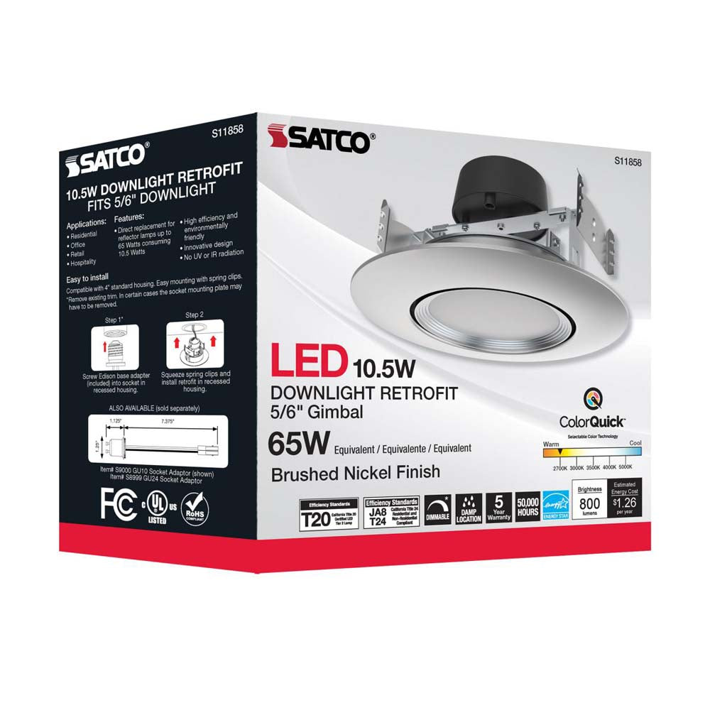 10.5w LED Direct Wire Downlight 120v CCT Tunable Brushed Nickel Finish