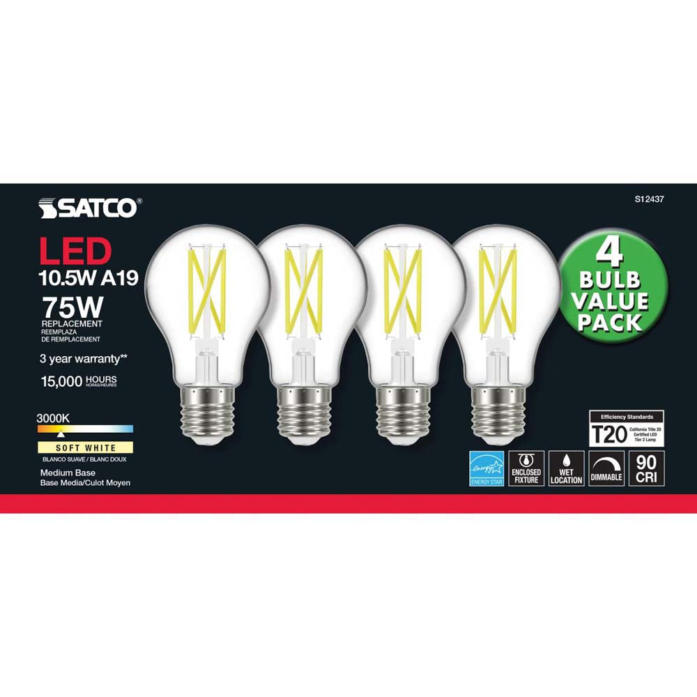 4Pk - 10.5W A19 LED Clear Medium base 3000K 120v - 75W equiv