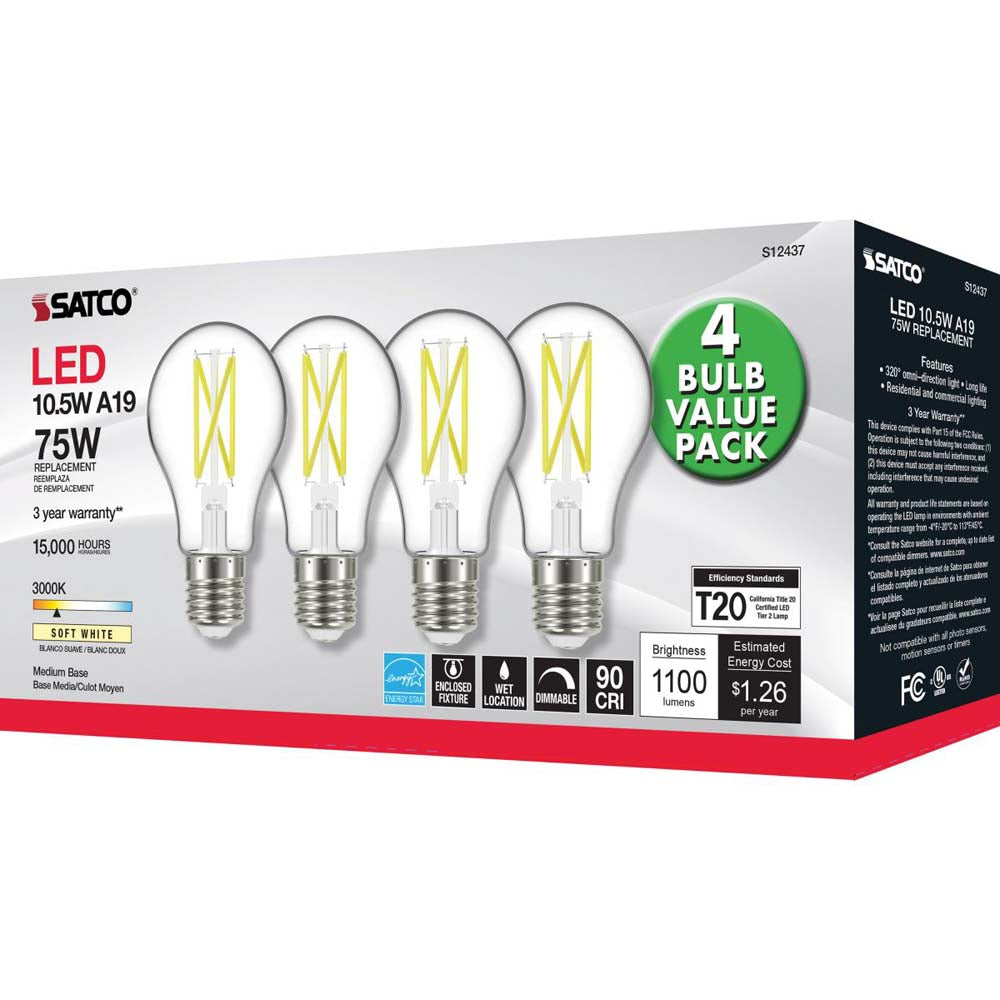 4Pk - 10.5W A19 LED Clear Medium base 3000K 120v - 75W equiv