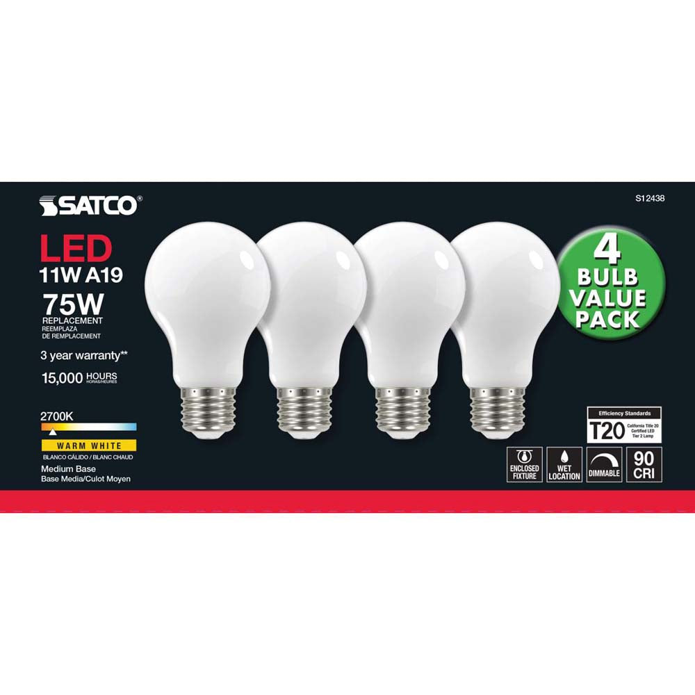 4Pk - 11W A19 LED Soft White Medium base 2700K 120v - 75W equiv