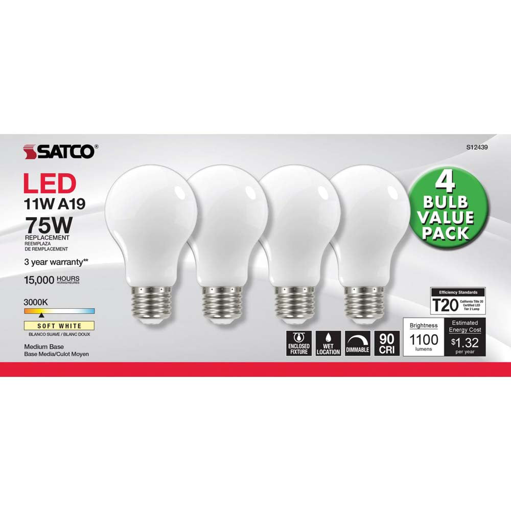 4Pk - 11W A19 LED Soft White Medium base 3000K 120v - 75W equiv