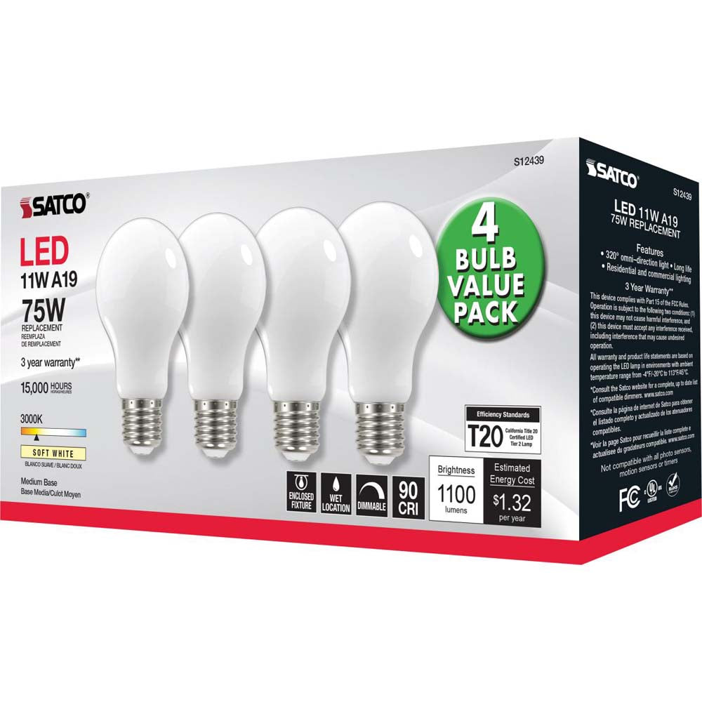 4Pk - 11W A19 LED Soft White Medium base 3000K 120v - 75W equiv