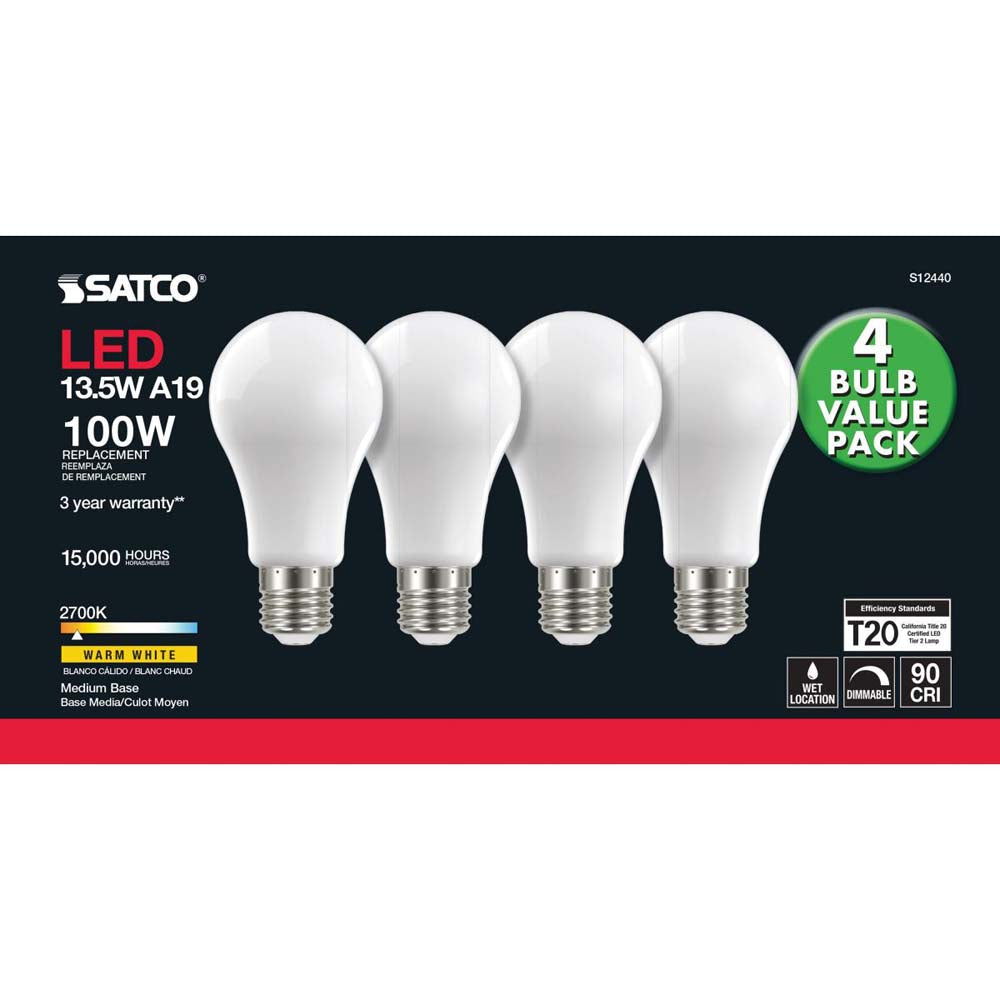 4Pk - 13.5W A19 LED Soft White Medium base 2700K 120v - 100W equiv