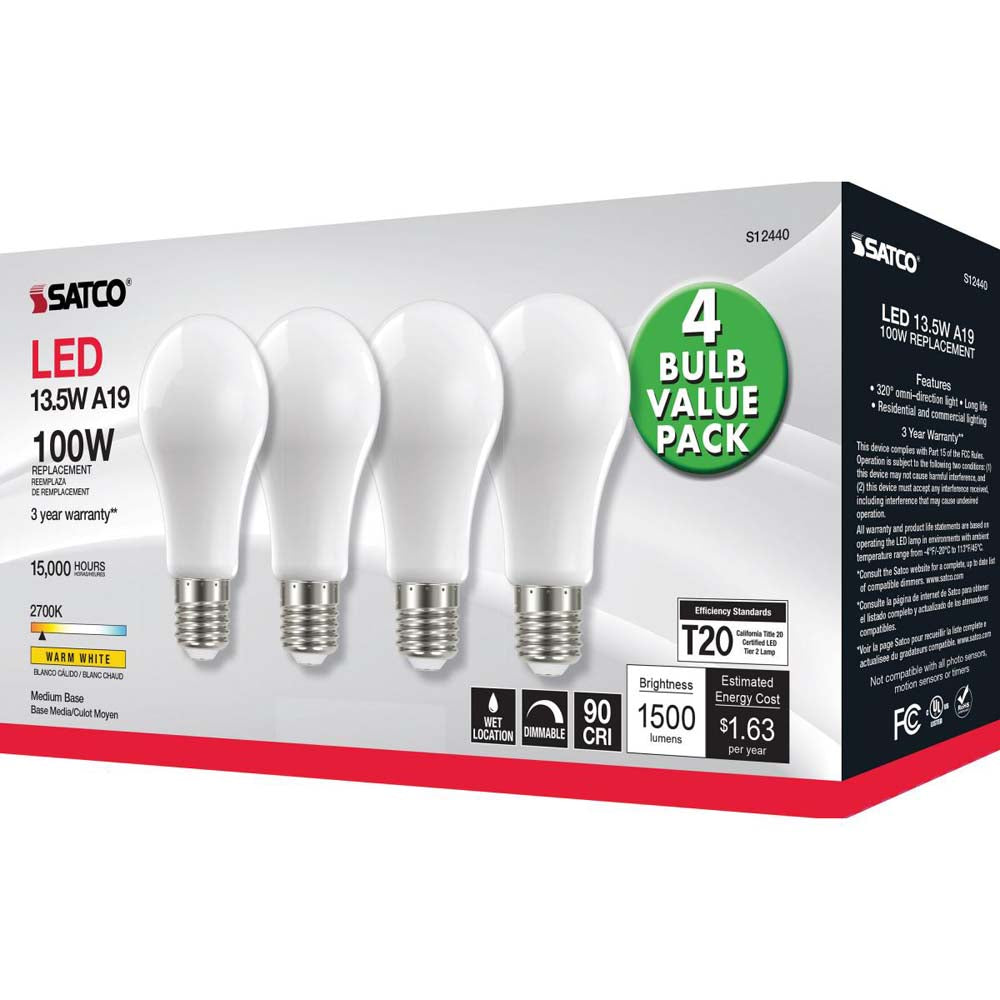 4Pk - 13.5W A19 LED Soft White Medium base 2700K 120v - 100W equiv