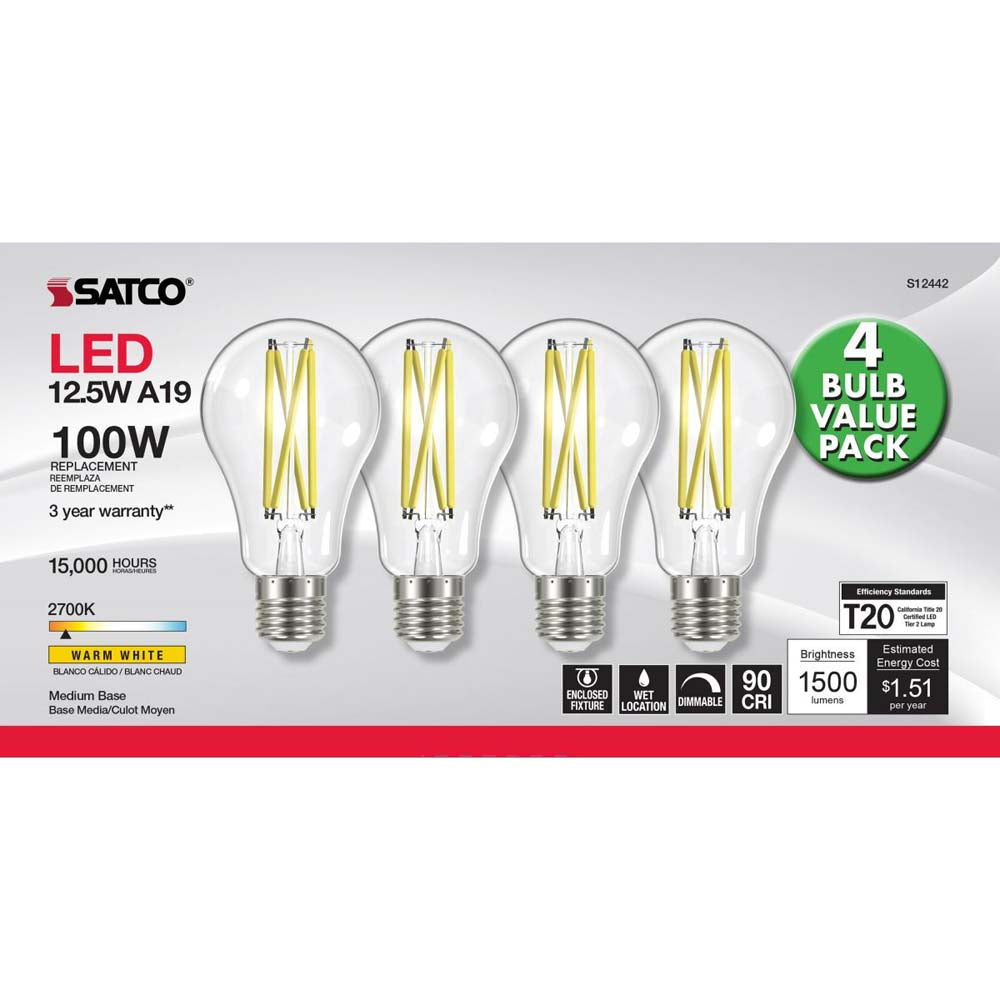 4Pk - 12.5W A19 LED Clear Medium base 2700K 120v - 100W equiv