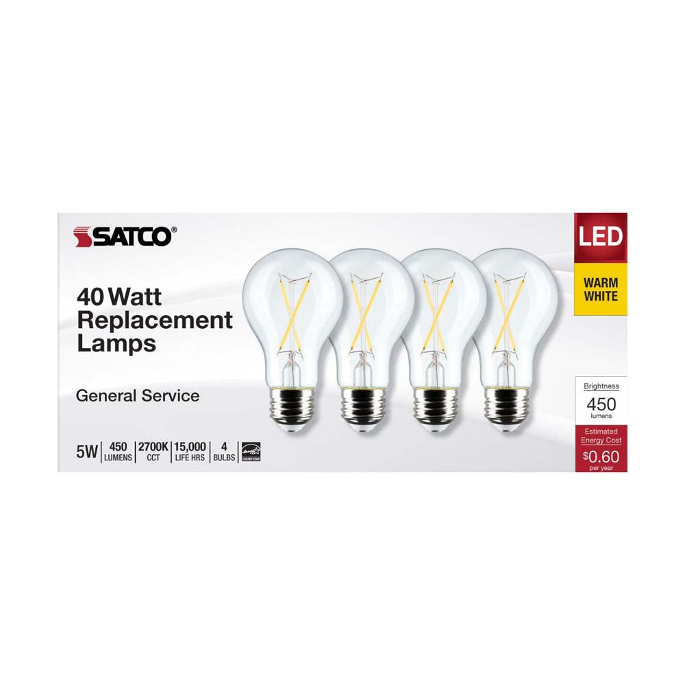 4Pk - 5W A19 LED Clear Warm White 2700K E26 Medium Base 120v - 40W equiv
