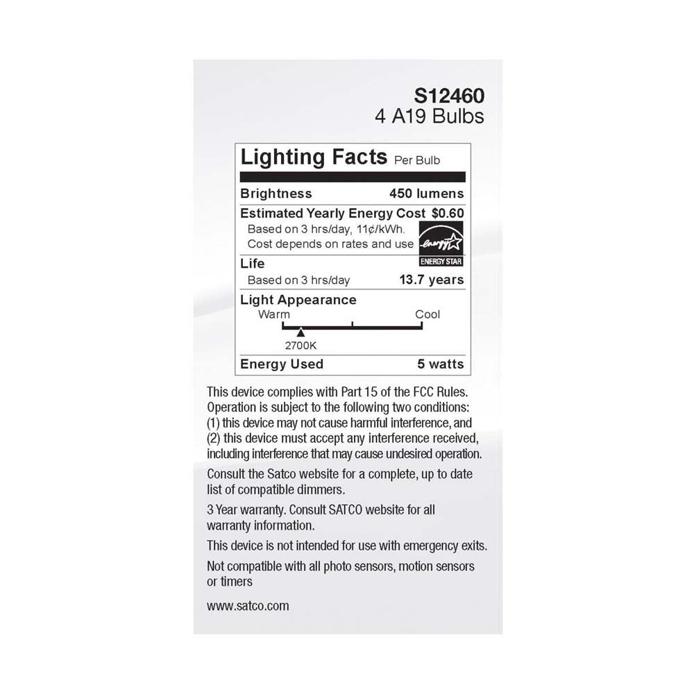 4Pk - 5W A19 LED Clear Warm White 2700K E26 Medium Base 120v - 40W equiv