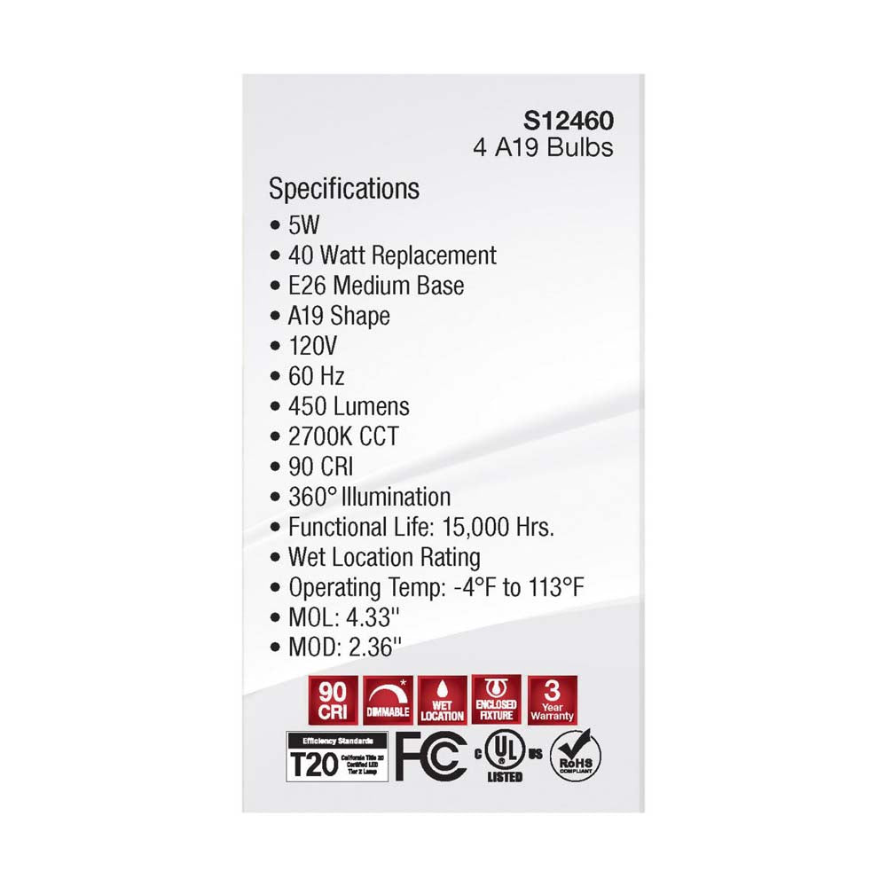 4Pk - 5W A19 LED Clear Warm White 2700K E26 Medium Base 120v - 40W equiv