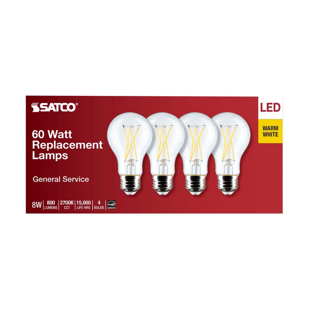 4Pk - 8W A19 LED Clear Warm White 2700K Medium Base 120v - 60W equiv