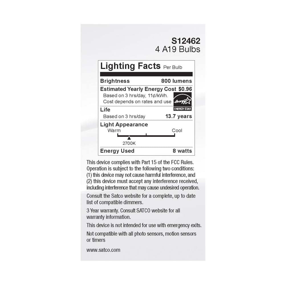 4Pk - 8W A19 LED Clear Warm White 2700K Medium Base 120v - 60W equiv