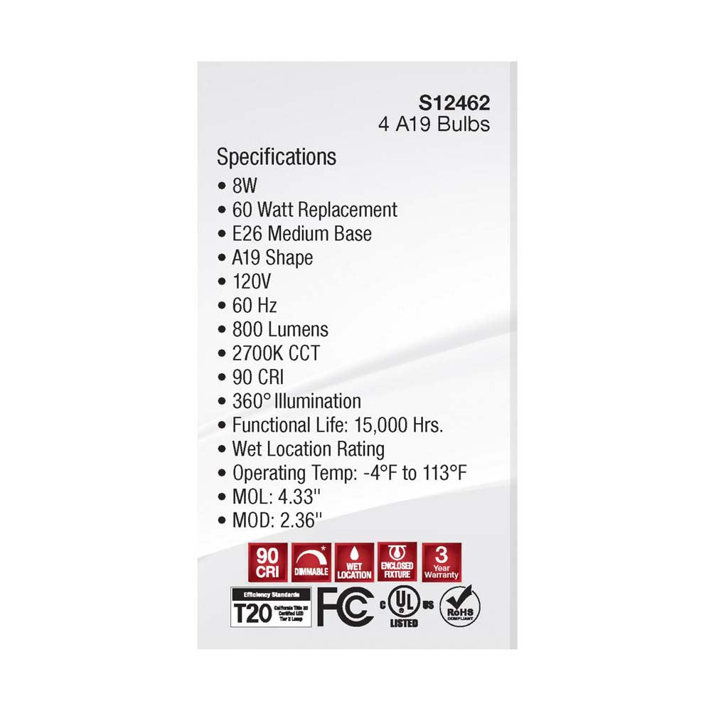 4Pk - 8W A19 LED Clear Warm White 2700K Medium Base 120v - 60W equiv