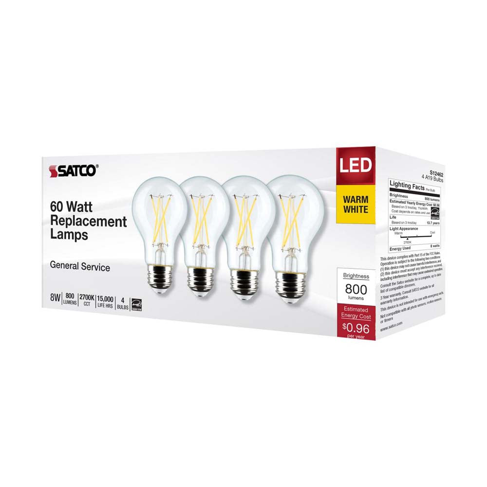 4Pk - 8W A19 LED Clear Warm White 2700K Medium Base 120v - 60W equiv