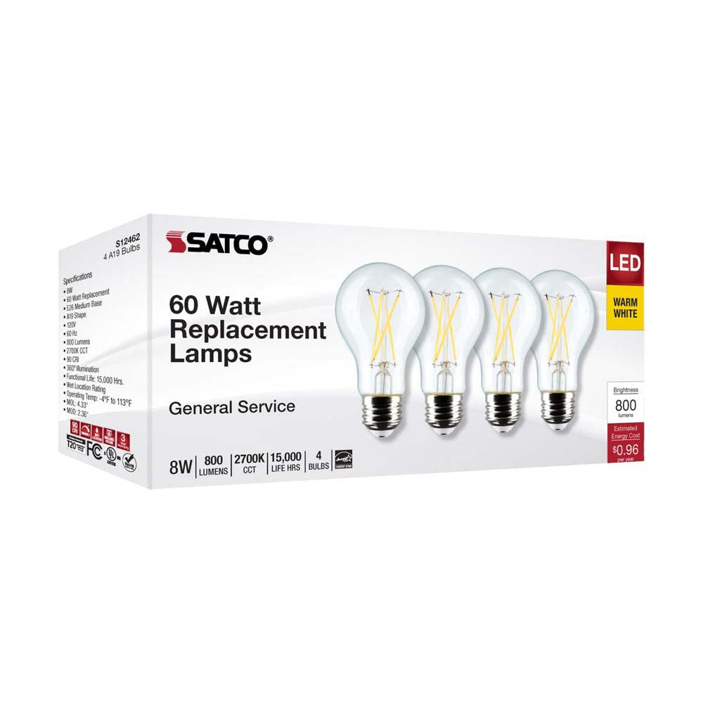 4Pk - 8W A19 LED Clear Warm White 2700K Medium Base 120v - 60W equiv