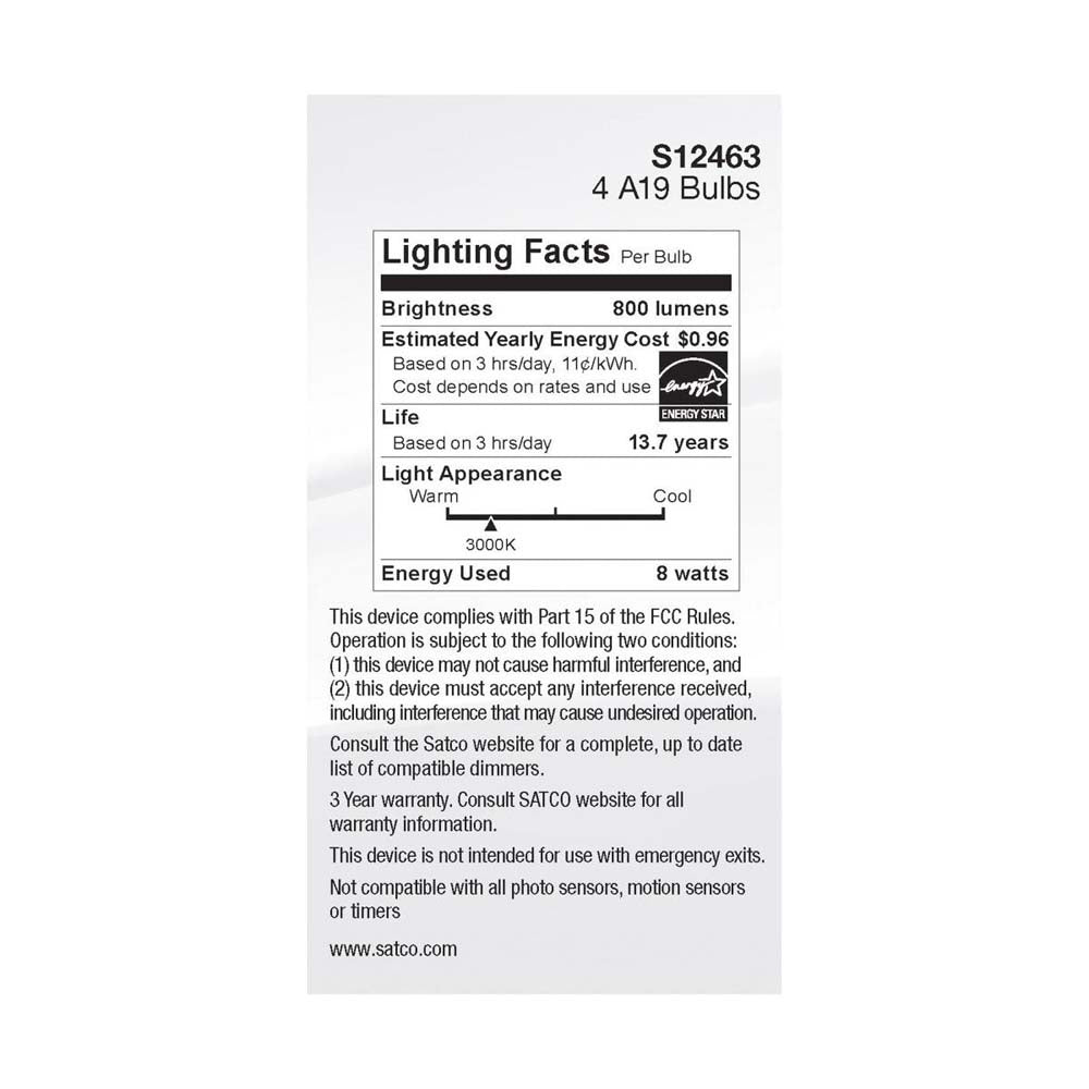 4Pk - 8W A19 LED Clear Soft White 3000K Medium Base 120v - 60W equiv