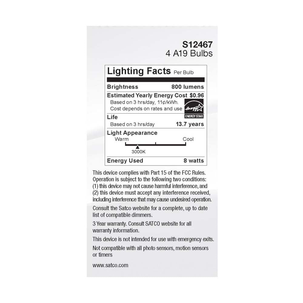 4Pk - 8W A19 LED Soft White 3000K Medium Base 120v - 60W equiv