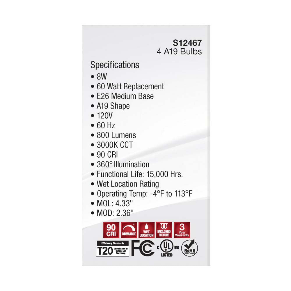 4Pk - 8W A19 LED Soft White 3000K Medium Base 120v - 60W equiv