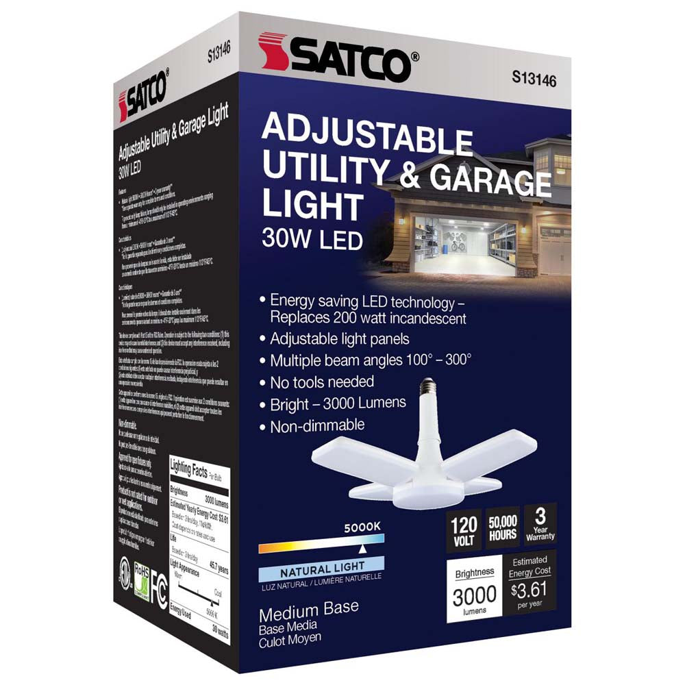 30W LED Garage Utility Light 5000K E26 base Adjustable Beam Angle - 200W equiv
