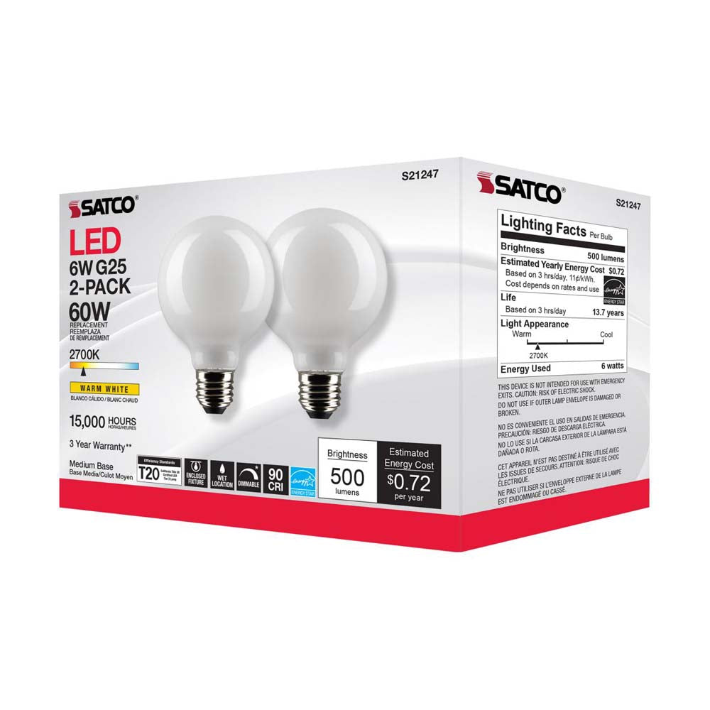 2Pk - Satco 6w G25 Globe Filament LED 2700K Medium Base Dimmable - 60w equiv
