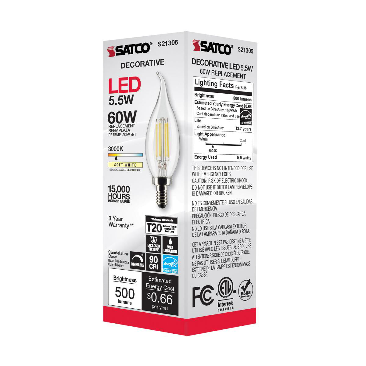 Satco 5.5w CA10 LED 3000K Candelabra Base Dimmable - 60w equiv