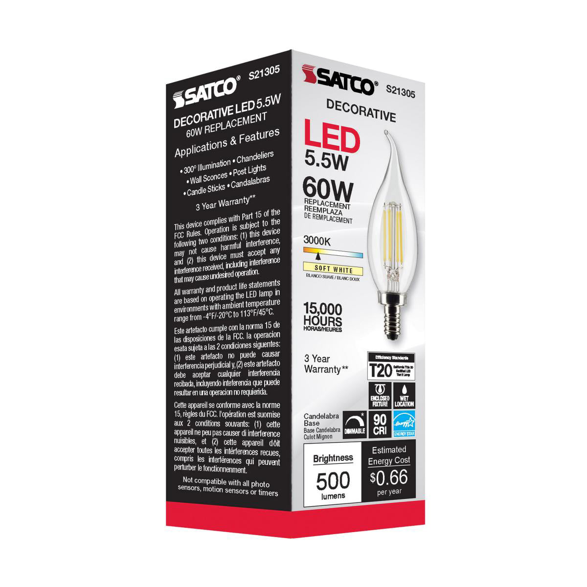 Satco 5.5w CA10 LED 3000K Candelabra Base Dimmable - 60w equiv