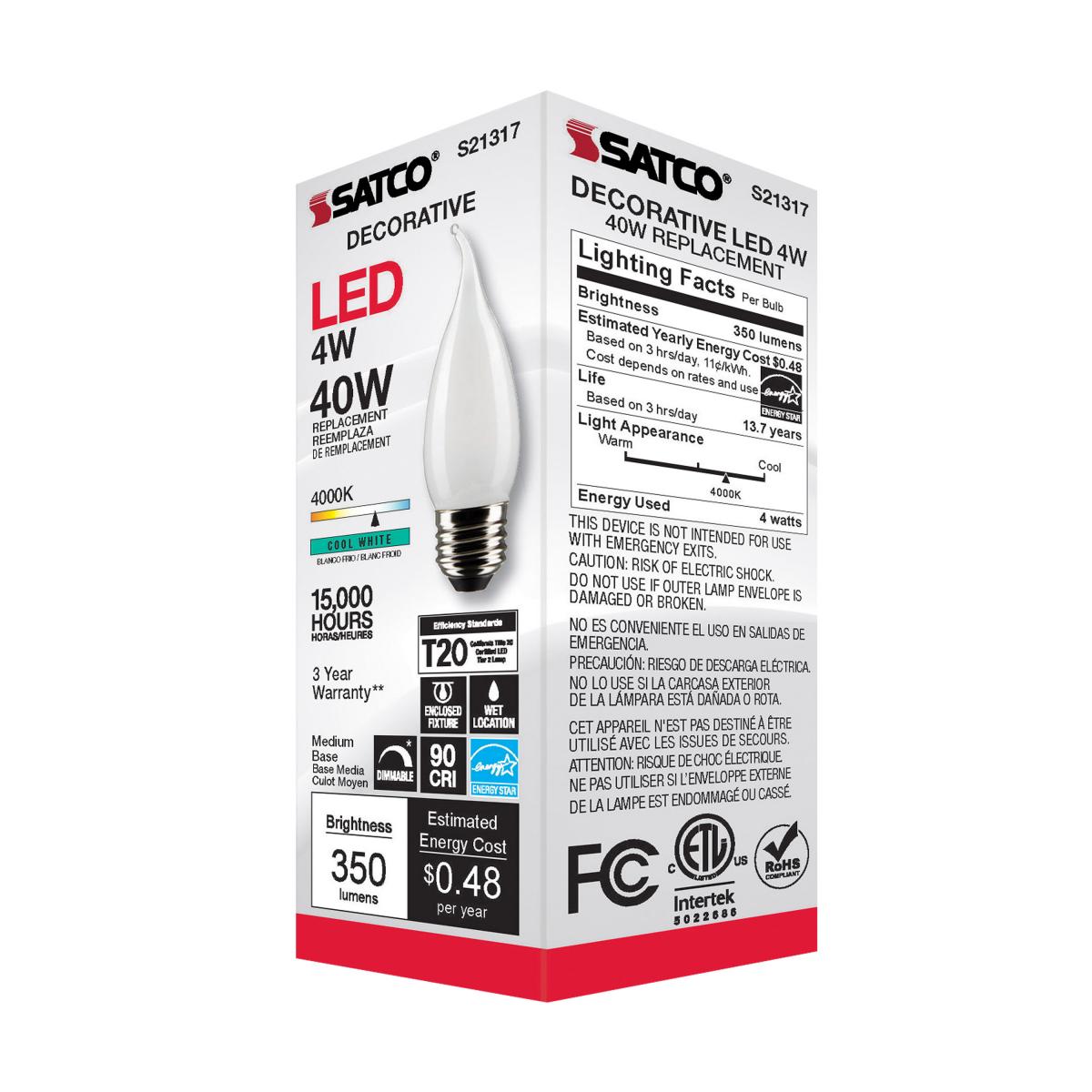 Satco 4w CA10 LED 4000K Medium Base Frosted Dimmable - 40w equiv
