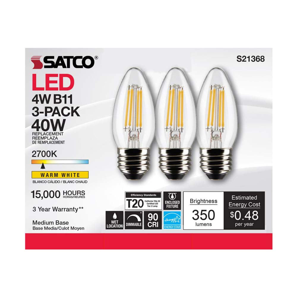 3Pk - Satco 4w B11 LED 2700K Medium Base Dimmable - 40w equiv