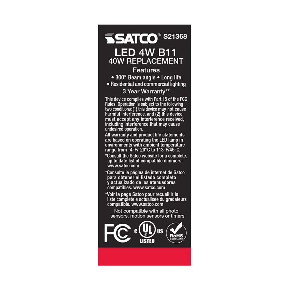 3Pk - Satco 4w B11 LED 2700K Medium Base Dimmable - 40w equiv