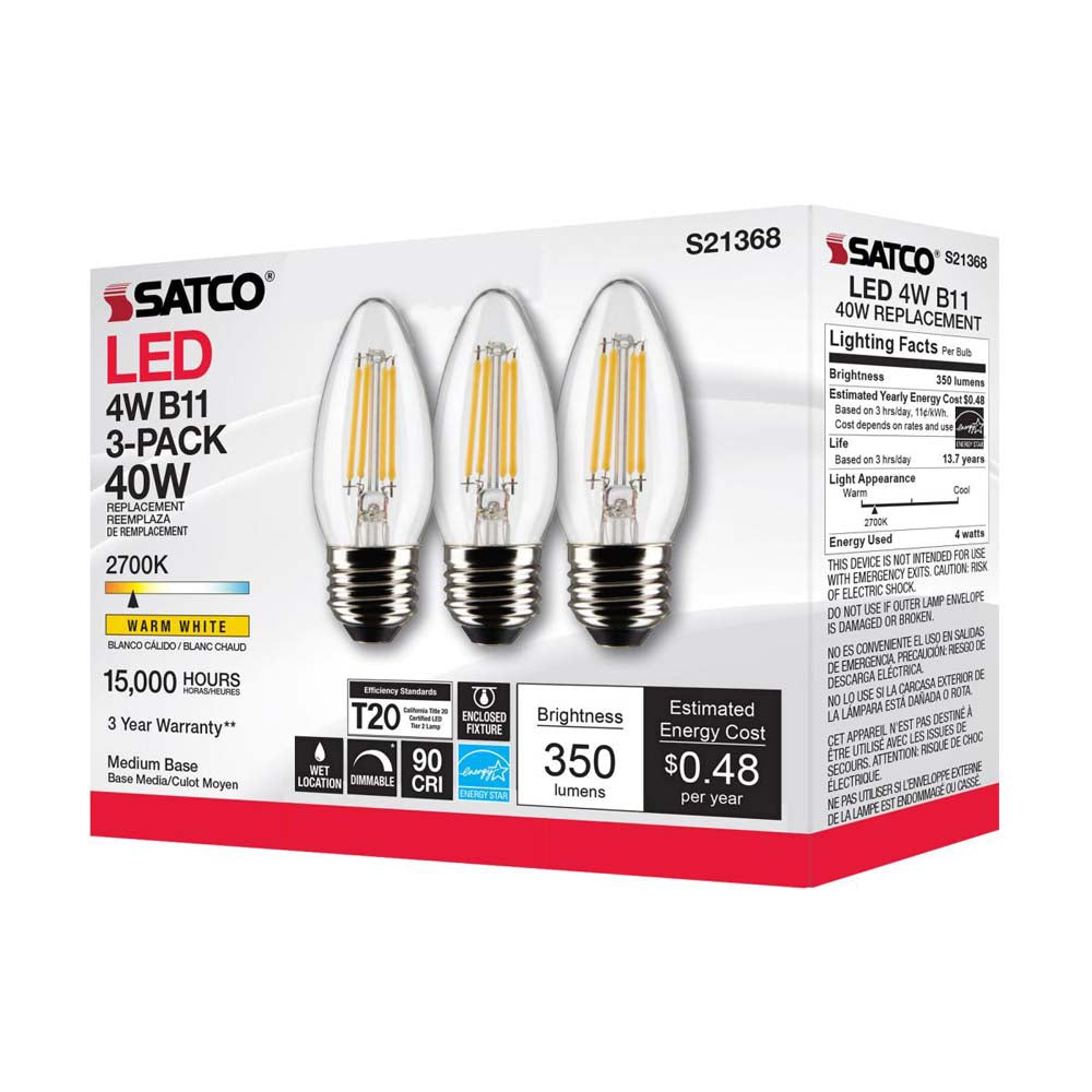 3Pk - Satco 4w B11 LED 2700K Medium Base Dimmable - 40w equiv