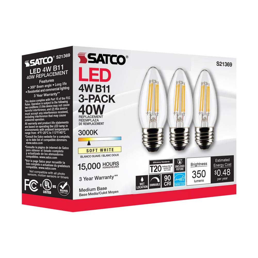 3Pk - Satco 4w B11 LED 3000K Medium Base Dimmable - 40w equiv