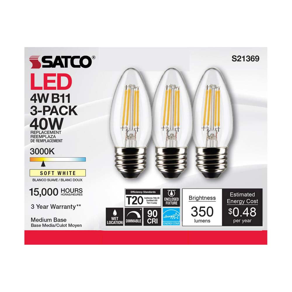 3Pk - Satco 4w B11 LED 3000K Medium Base Dimmable - 40w equiv