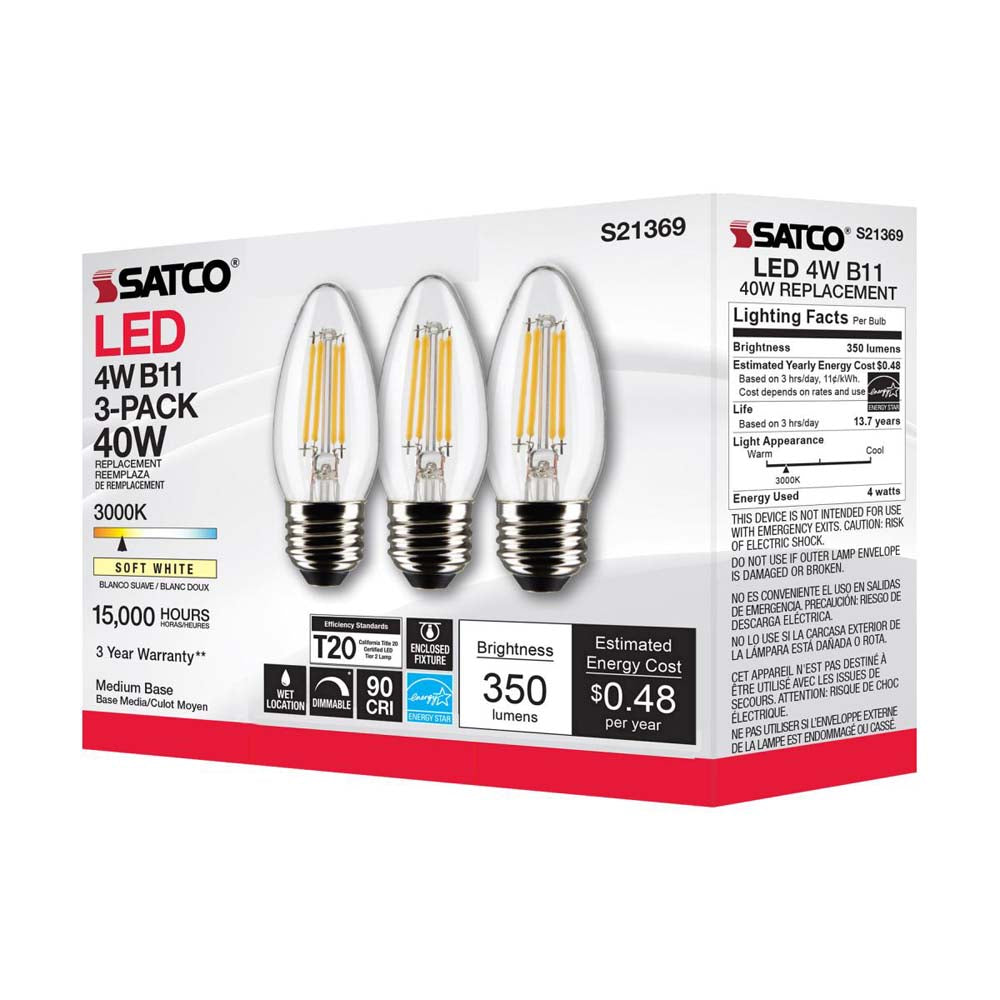 3Pk - Satco 4w B11 LED 3000K Medium Base Dimmable - 40w equiv