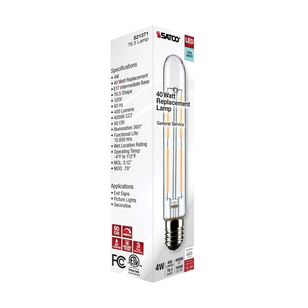 4W T6.5 LED Clear Intermediate Base 4000K 400 Lumens 120v