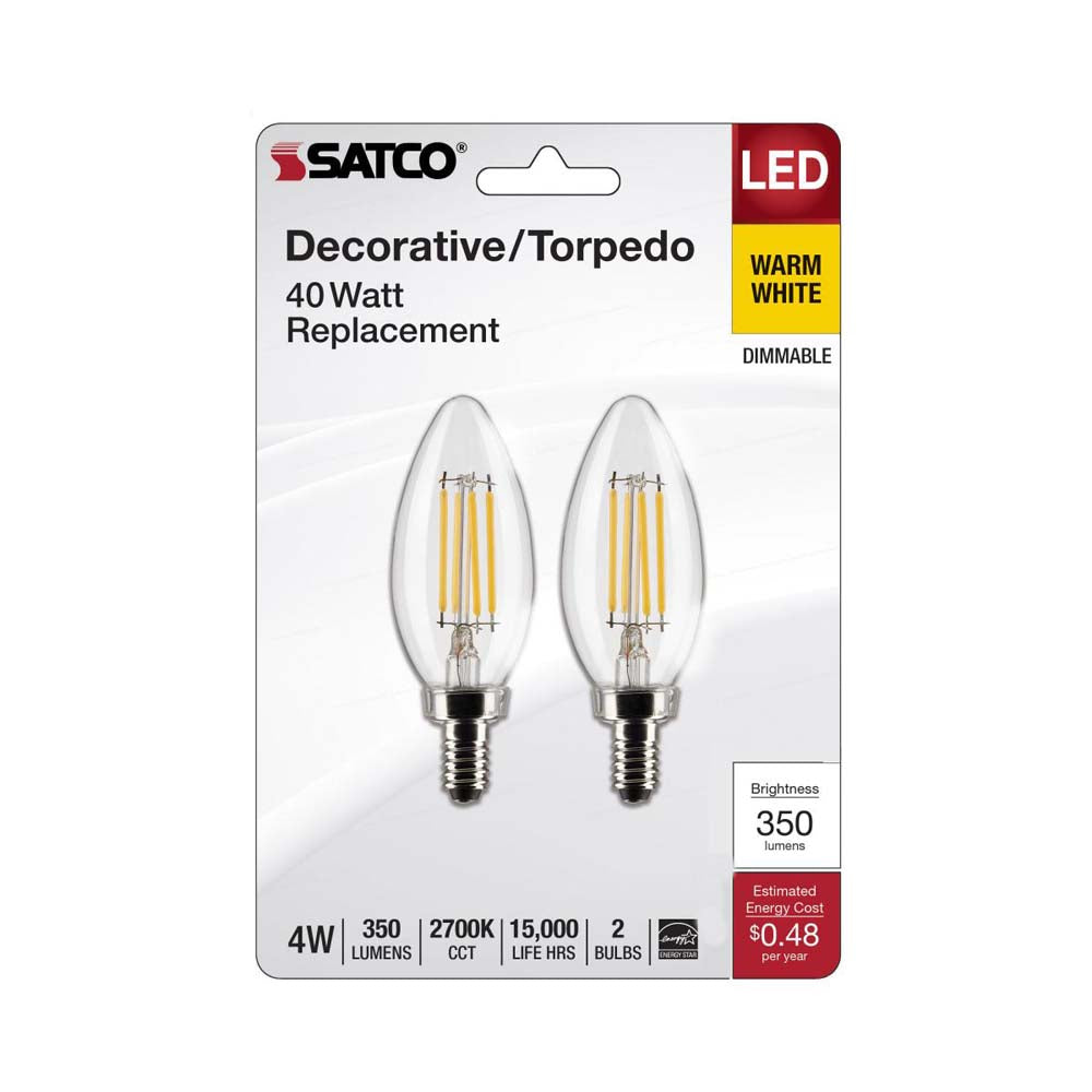 2Pk - 4W B11 LED Clear Candelabra Base 2700K 350 Lumens 120v