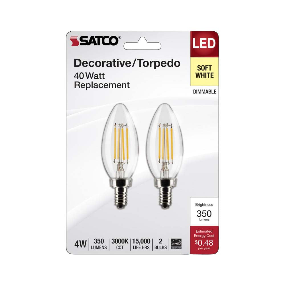 2Pk - 4W B11 LED Clear Candelabra Base 3000K 350 Lumens 120v