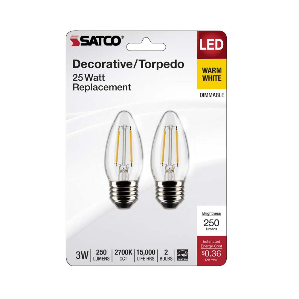 2Pk - 3W B11 LED Clear Medium Base 2700K 250 Lumens 120v