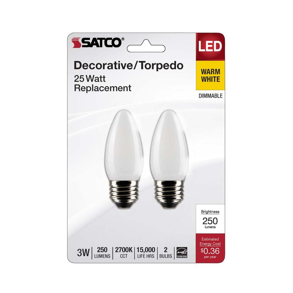 2Pk - 3W B11 LED Frosted Medium Base 2700K 250 Lumens 120v