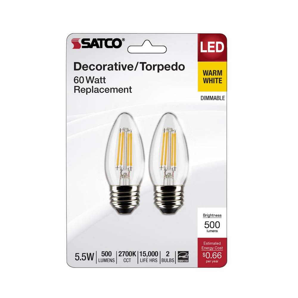2Pk - 5.5W B11 LED Clear Medium Base 2700K 500 Lumens 120v