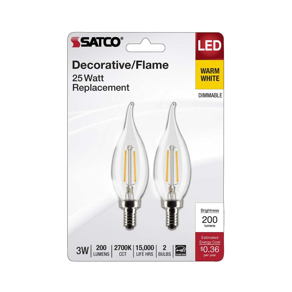 2Pk - 3W CA10 LED Clear Candelabra Base 2700K 200 Lumens 120v
