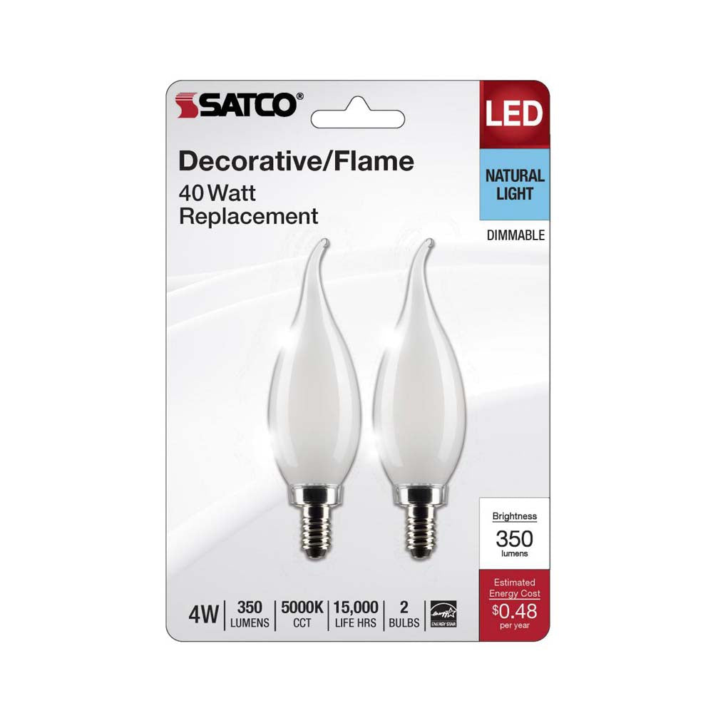 2Pk - 4W CA10 LED Frosted Candelabra Base 5000K 350 Lumens 120v
