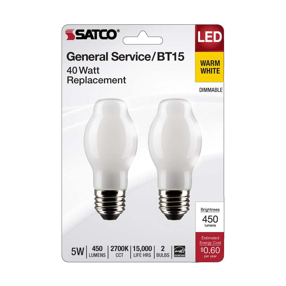 2Pk - 5W BT15 LED Clear Medium Base 2700K 450 Lumens 120v