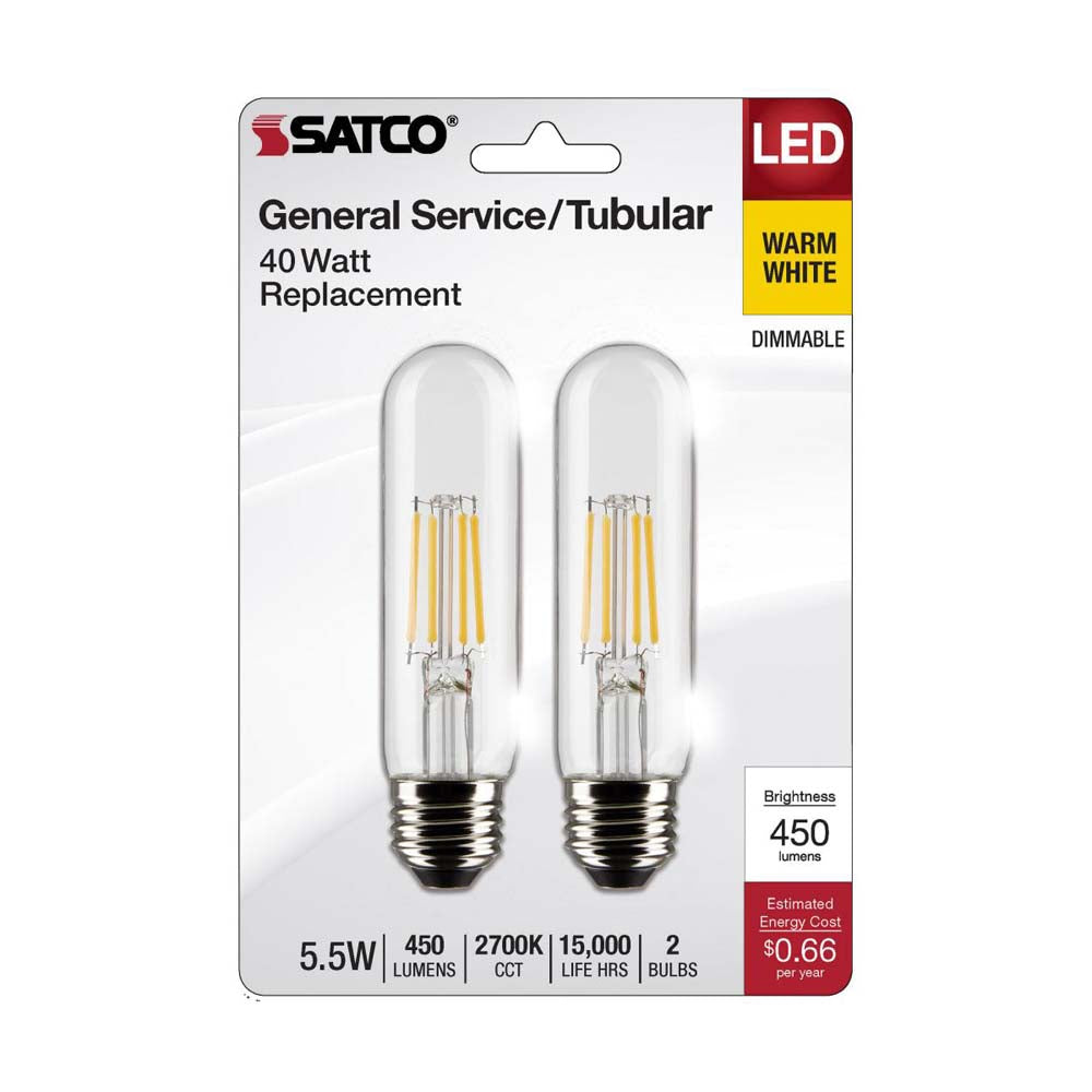 2Pk - 5.5W T10 LED Clear Medium Base 2700K 450 Lumens 120v