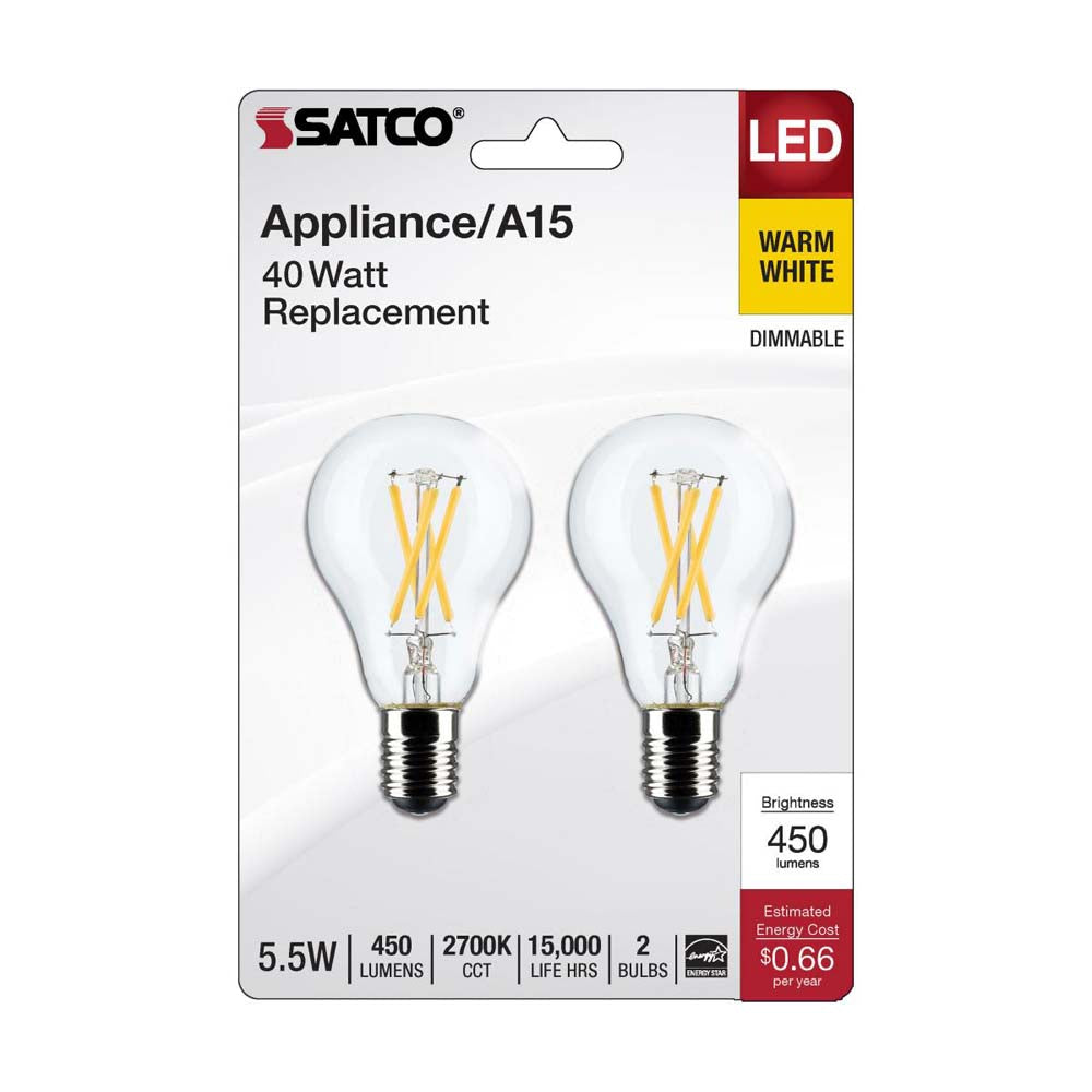 2Pk - 5.5W A15 LED Clear Intermediate Base 2700K 450 Lumens