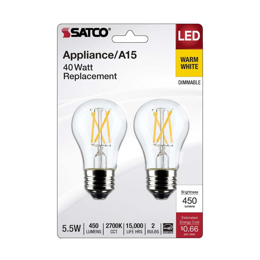 2Pk - 5.5W A15 LED Clear Medium Base 2700K 450 Lumens