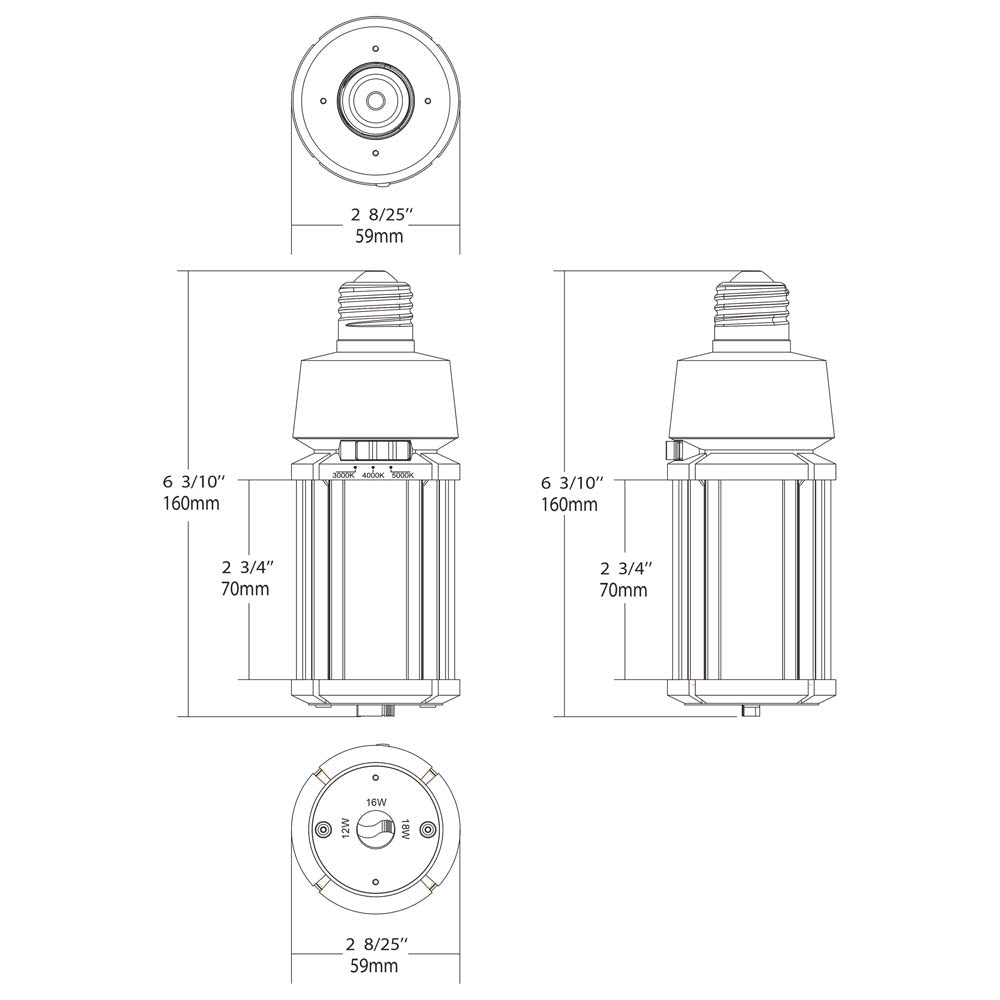 Satco LED HID Replacement 18/16/12 Wattage & CCT Selectable Medium Base 100-277V
