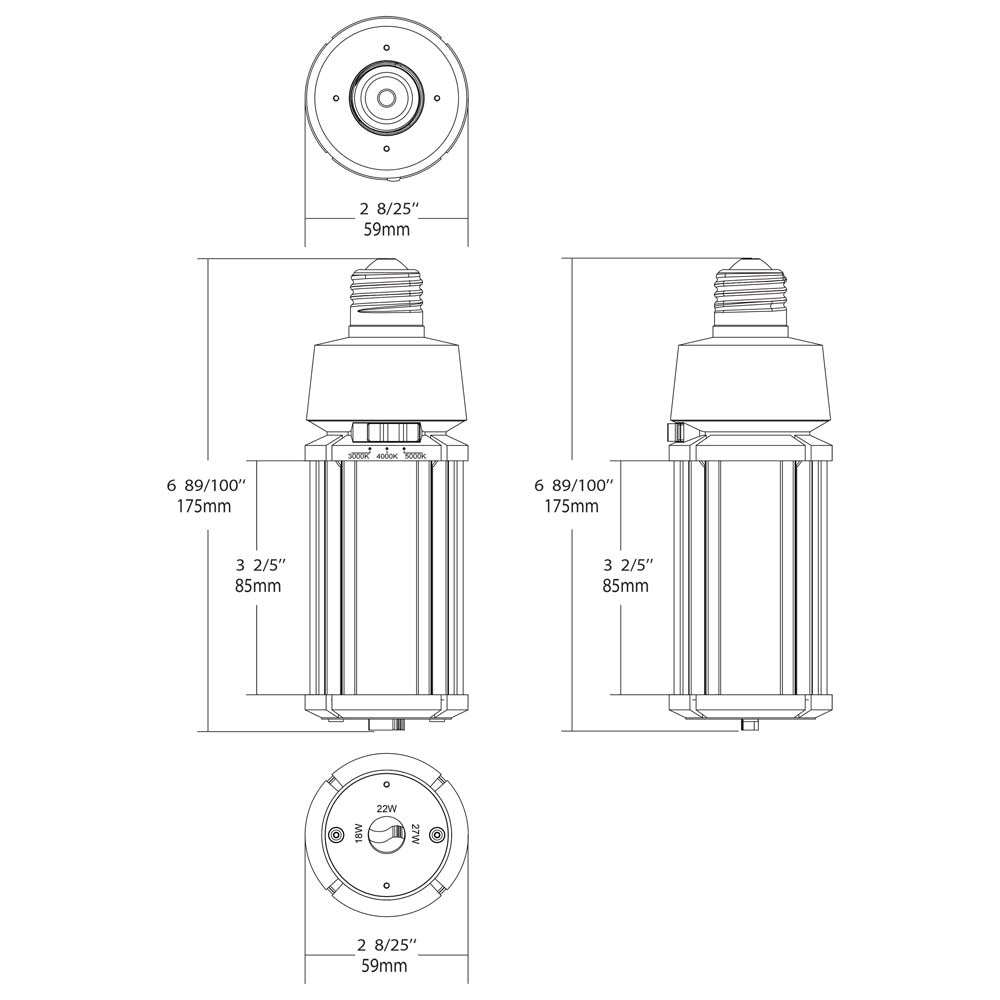 Satco LED HID Replacement 27/22/18 Wattage & CCT Selectable Medium Base 100-277V