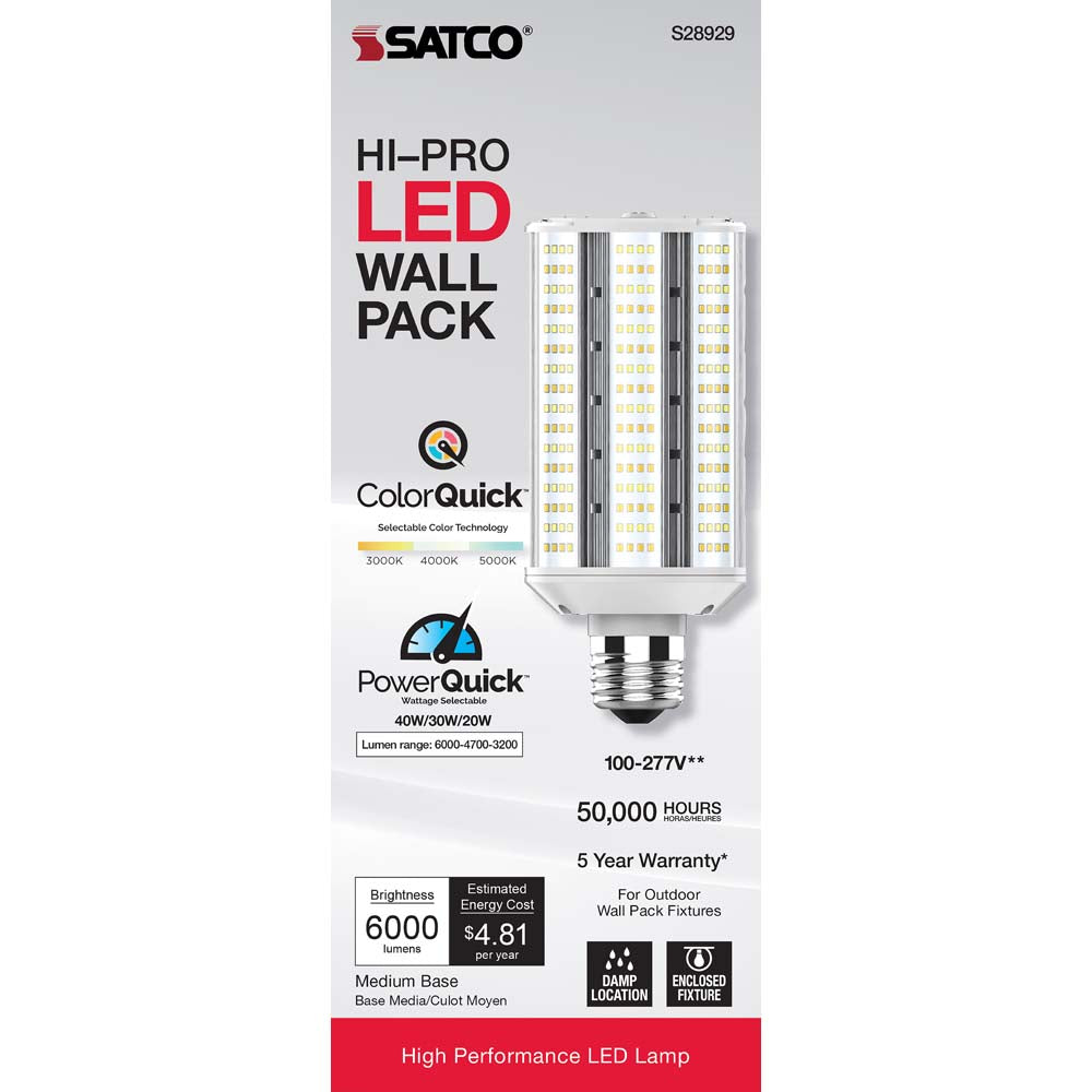 Satco LED Hi-Pro Wall Pack 20/30/40w CCT Selectable Medium Base 100-277V