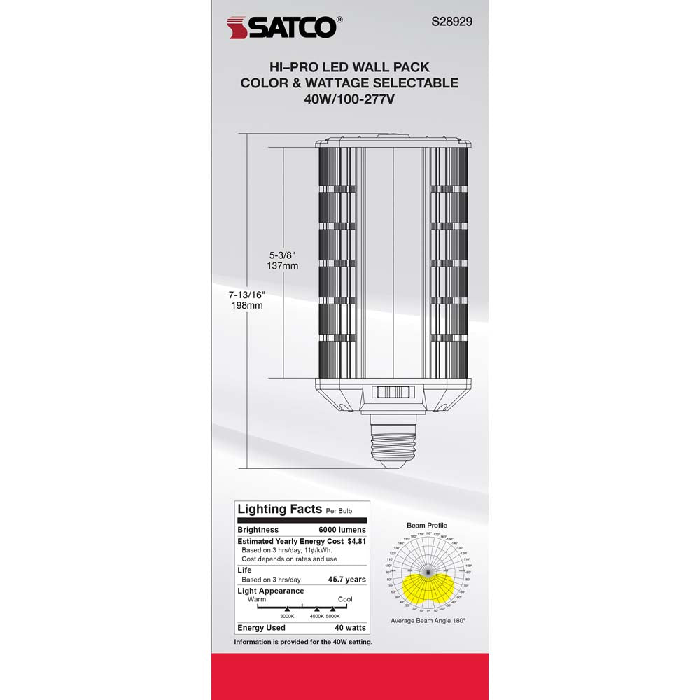 Satco LED Hi-Pro Wall Pack 20/30/40w CCT Selectable Medium Base 100-277V