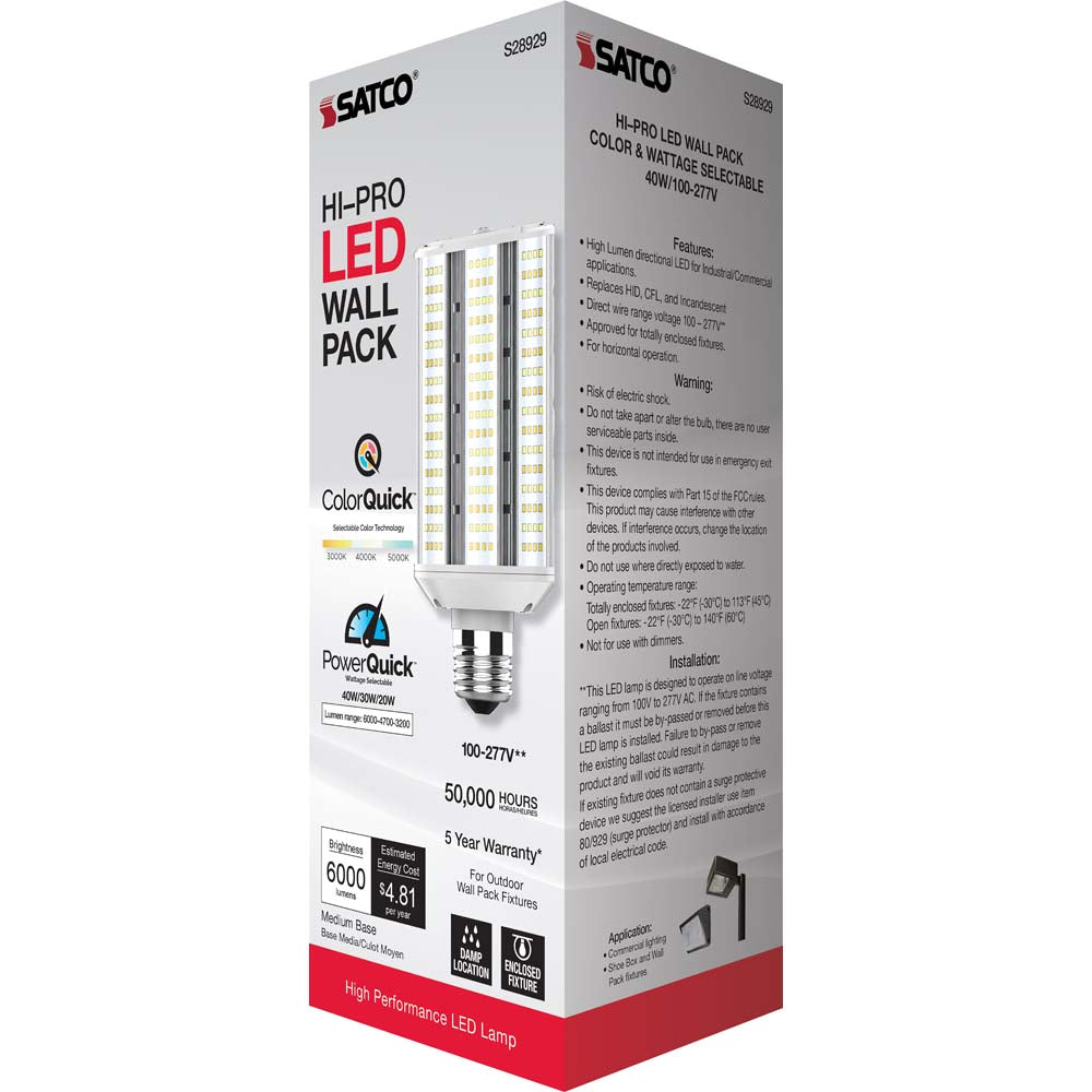 Satco LED Hi-Pro Wall Pack 20/30/40w CCT Selectable Medium Base 100-277V