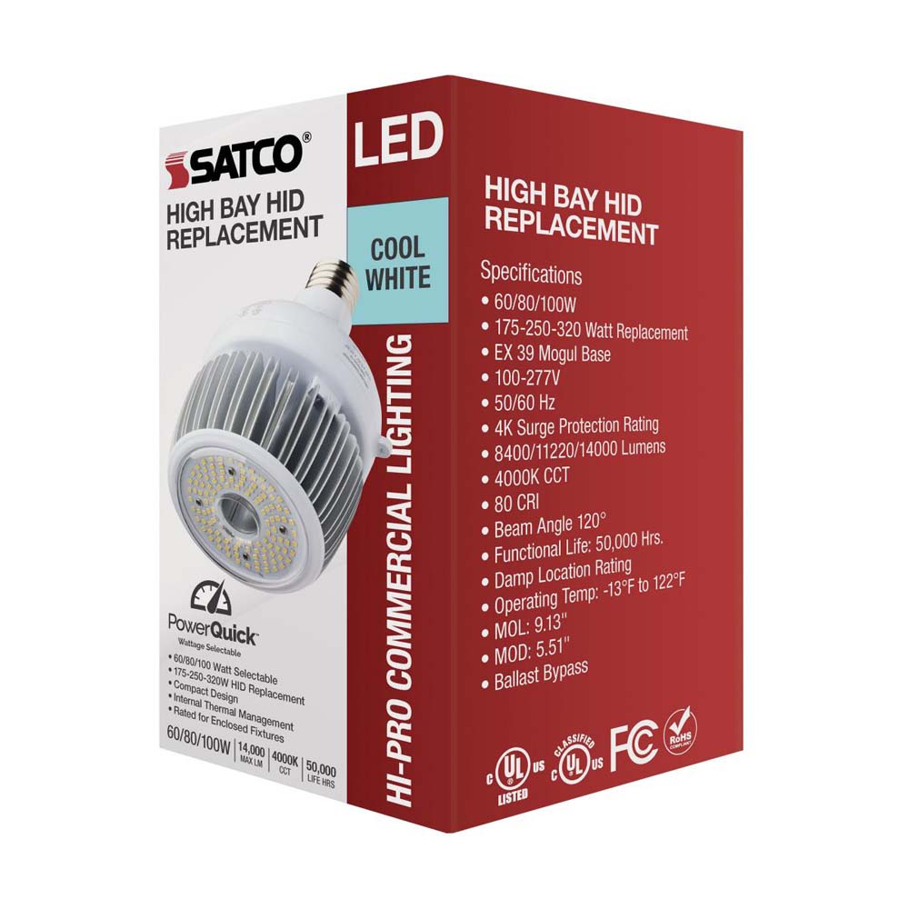 LED Hi-Bay 60W/80W/100W Selectable Wattage Mogul Extended 4000K 100V-277V